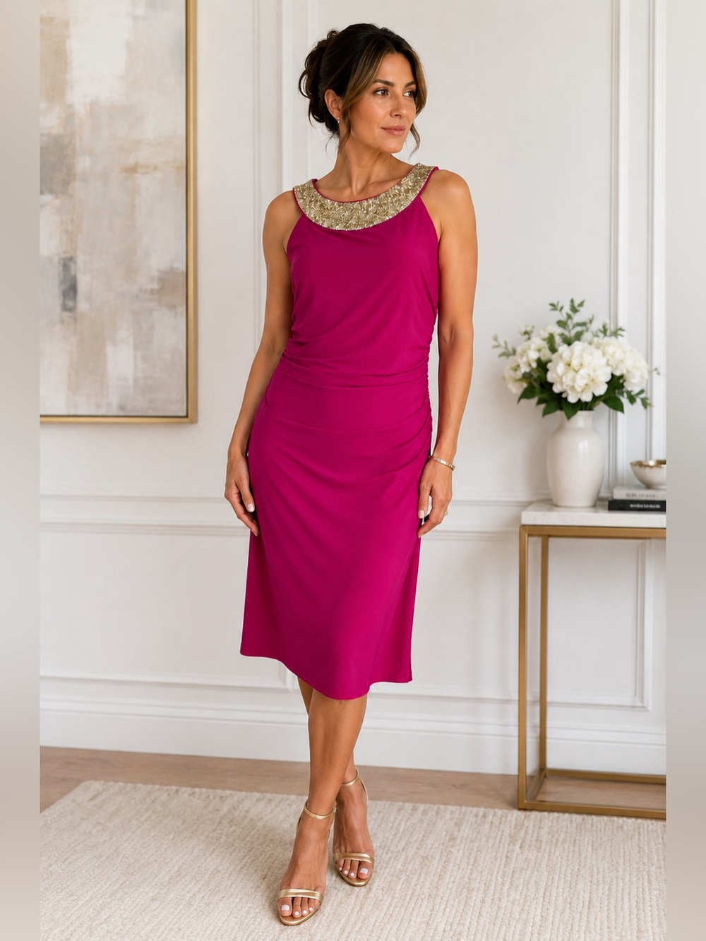 Lyman by Frank Lyman Design Fuchsia Midi Dress with Embellished Neckline